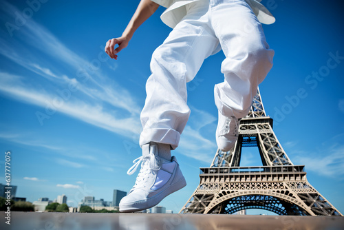 Paris 2024 close up detail of breakdancers feet dancing in front of Eiffel Tower new Olympic sport
