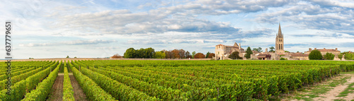 Panoramic view of vineyards of Saint Emilion, Bordeaux, Gironde, France. Medieval church in old town and rows of vine on a grape field. Wine industry