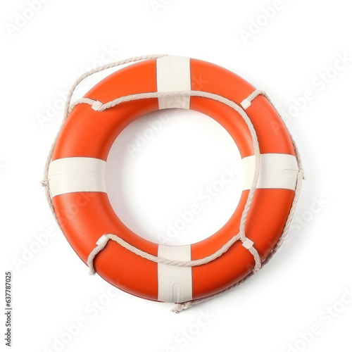 Red lifebuoy with white stripes isolated on white background, top view