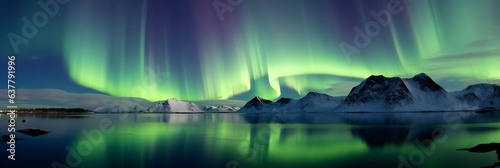 Panorama of the northern lights over Sagfjorden Fjord, wide screen