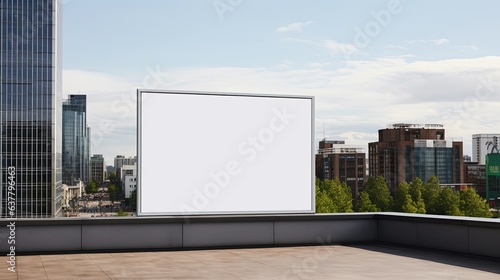 A blank outdoor info banner on a modern building rooftop surrounded by trees. Mockup image