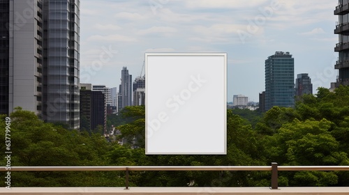 A blank outdoor info banner on a modern building rooftop surrounded by trees . Mockup image