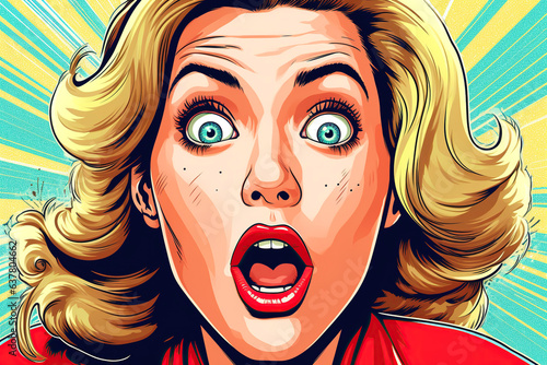 Pin up, pop art retro surprised, astonished, shocked, funky open-mouthed young blonde woman with wow face, comic kitsch cartoon vintage style portrait.