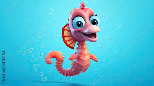 Cute 3D cartoon seahorse character.