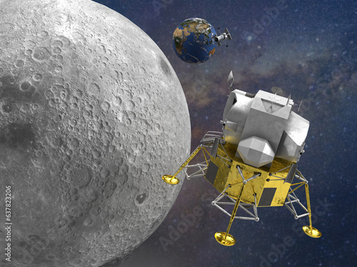 Moon landing on the `South Pole 2023, 3d rendered image with the Hubble space telescope, the earth and the Apollo lunar.
