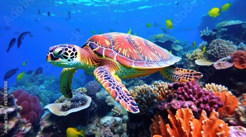 turtle with Colorful tropical fish and animal sea life in the coral reef, animals of the underwater sea world