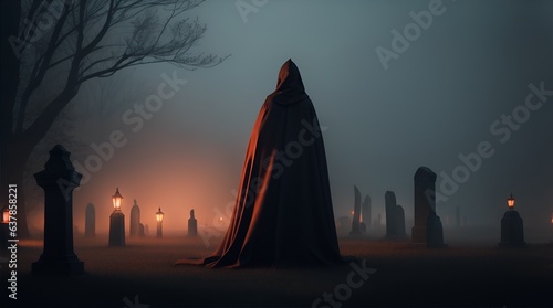 mysterious figure cloaked in a red cape , horror background