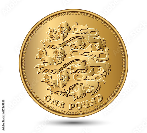 British One pound coin with three lions. Vector illustration.