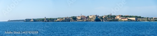 Italy Archipelago Toscano Livorno, visit to the island of Pianosa, arrival from the sea on the island panoramic view of the coast profile