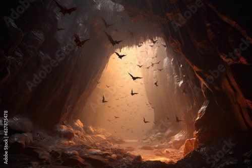 close-up of bats flying out of a dark cave entrance