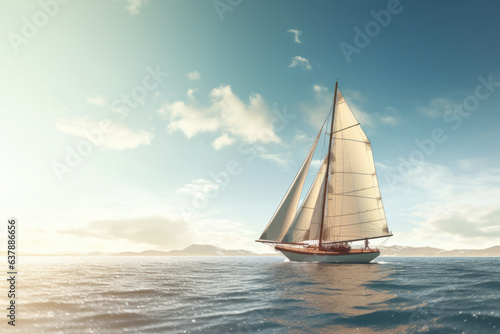 Sunlit sailboat at sea, epitomizing luxury summer adventure and ocean sailing.