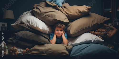 A child building a fort in the living room with blanket and pillows. 