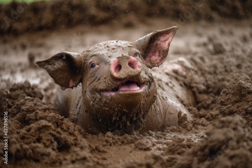 close-up of a pig happily rolling in mud