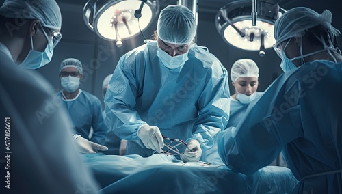 Surgeons at work in operating room. Group of surgeons in operating room with surgery equipment.