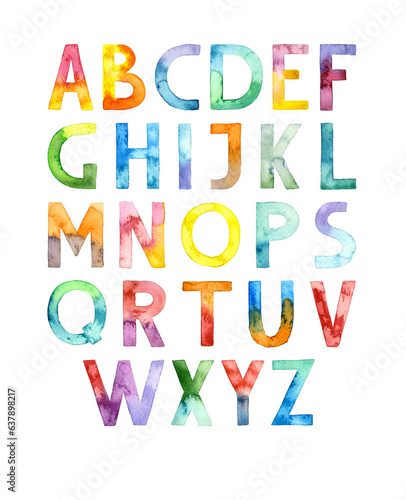 Hand drawn watercolor colored alphabet font. Vertically positioned. Suitable for print, postcard, sketchbook cover, poster, stickers, your design. 