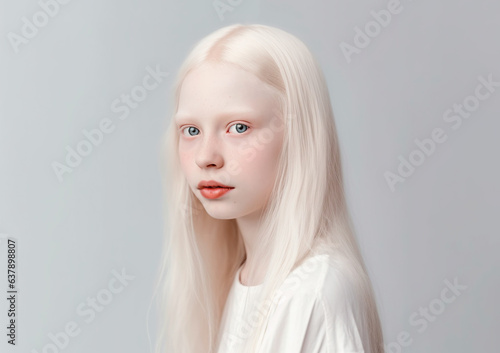 Portrait of an albino girl with long hair on a grey background