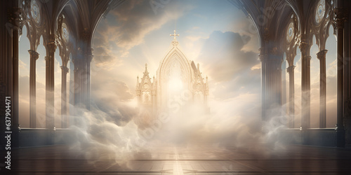A door in a fantasy castle with a cloud background, doors to heaven, mystical gate in the clouds, generative Ai 