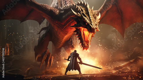 Fairy-tale battle of a knight with a dragon by AI