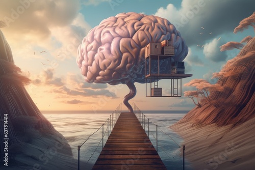 A surreal image of a human brain on a pier