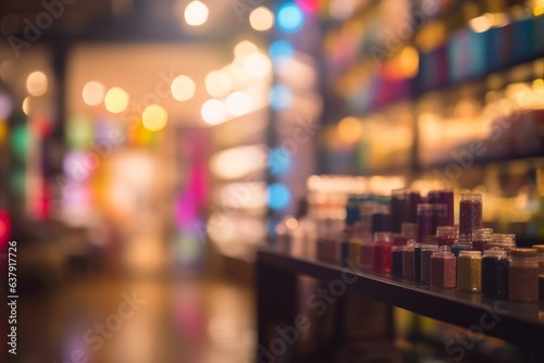 Blurred image of a colorful store filled with a wide variety of paint bottles