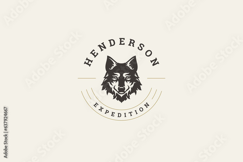 Wolf furry muzzle minimal logo design template for expedition hunting zoo brand vector flat