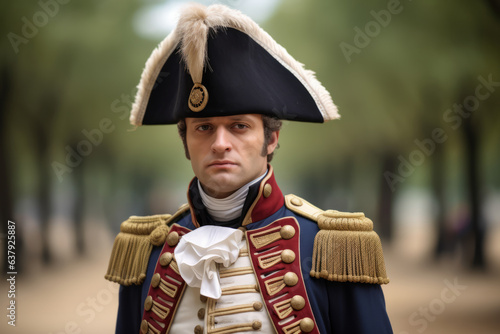 Man wearing a costume of Napoleon , the french historical emperor of France