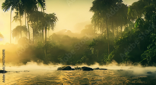 beautiful amazon river with mist in a beautiful sunrise