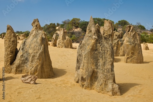 Big am mity stone pillars in the Pinnacle Desert, Western Australia. Big and heavy stones called 'pinnacles'. Huge limestones scattered around in a yellow sand desert landscape. Australia tourism.