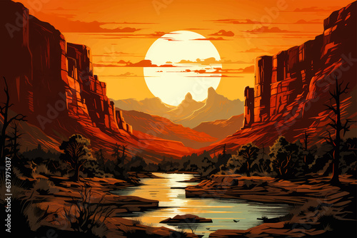 Canyon view landscape with warm sunset orange light flat 2d vector illustration 