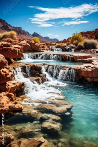 Waterfall in mountains with stones and rocks stone desert 