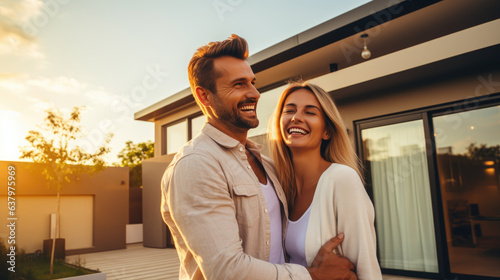 Happy young couple standing in front of new home. Husband and wife buying new house. Lifestyle real estate concept. Generative AI
