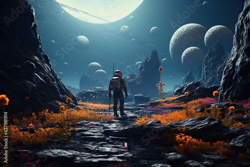 An alien landscape with floating rocks and plants, with a single astronaut exploring the scene
