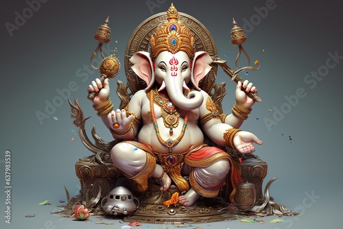 Ganesha Hindu God , with flowers, oil painting taken up into heaven, sitting in front of bokeh mandala background