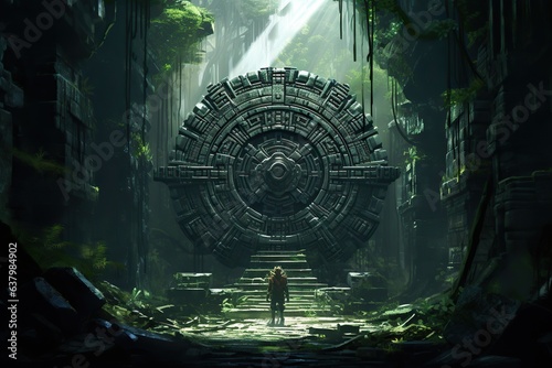Mayan gate in the forest. An adventurer in a green tropical rainforest discovering a secret passage. Explorer walking through a secret gate