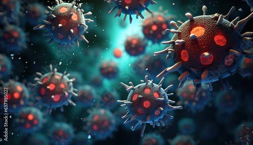 Microscopic macroscopic close view of cells attacked by virus and bacteria science and medical microbiology render