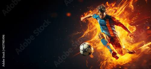 the essence of a soccer player in motion as they kick a ball with intense energy, surrounded by vibrant colors and splashes