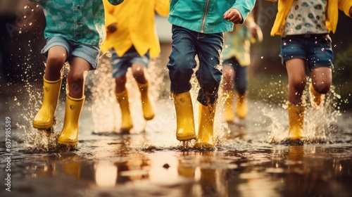 Several children wearing rain yellow boots, jumping and splashing in puddles as rain falls around them. Generative AI