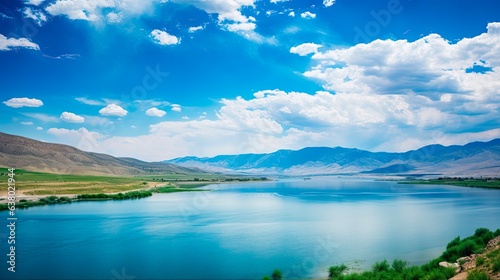 Scenic Reservoir and Hill in Tooele Utah Set Against a Blue Sky with Puffy White Clouds. Generative AI