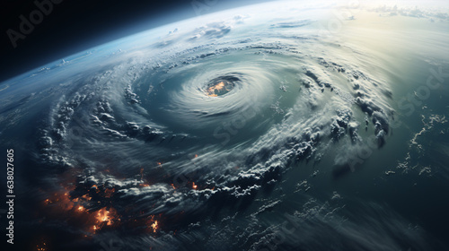 Hurricane from space. Satellite view. Super typhoon over the ocean. The eye of the hurricane. View from outer space.