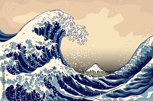 "The Great Wave off Kanagawa" and mount Fuji. Vector interpretation of a popular engraving artwork by the Japanese artist Katsushika Hokusai.