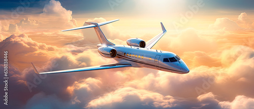 Private jet flying over the earth. Empty blue sky with white clouds at background. Business Travel Concept. Horizontal. 