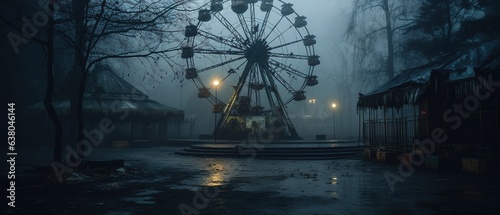 Nighttime abandoned amusement park with sanatorium, ferris wheel, and foggy park. Background concept for Halloween. Generative AI