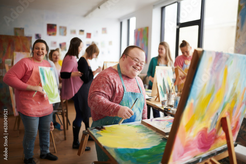 Young smiling man with Down syndrome on art workshop with a group of students, learning a new skill. Social integration concept.