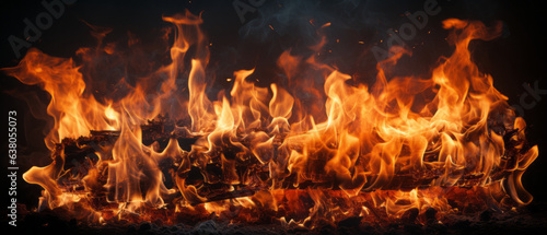 Closeup of burning flames, fire background banner long.generative aI