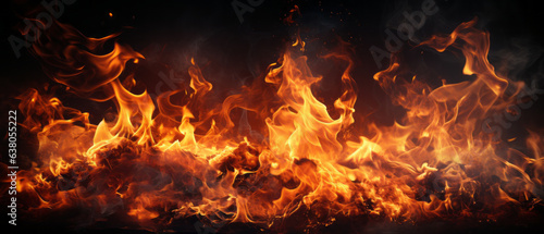 Closeup of burning flames, fire background banner long.generative ai