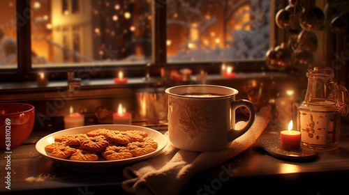 A cozy kitchen scene with a pot of simmering mulled cider and freshly baked gingerbread cookies on the counter. 