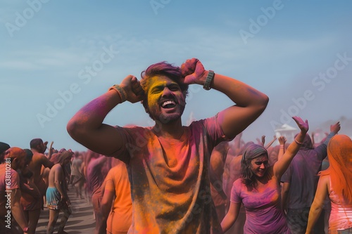 Photo of a joyful man covered in colored powder at the Holi Festival of Colors in India.