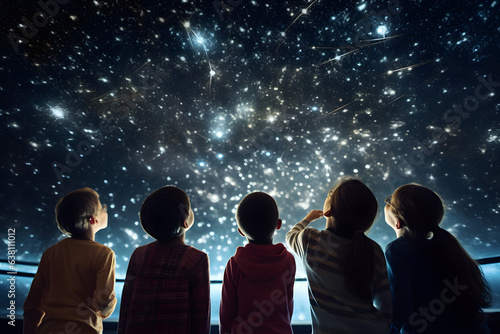 Group of children gazing up at a planetarium ceiling full of stars. 