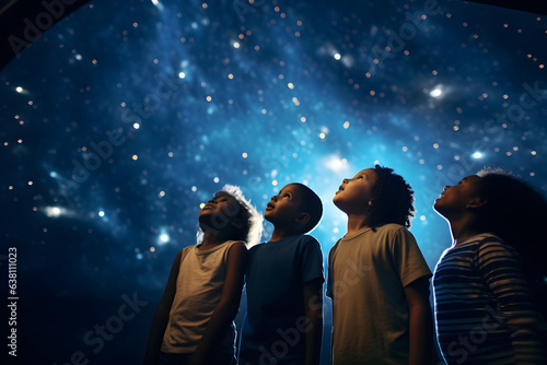 Group of children gazing up at a planetarium ceiling full of stars. 