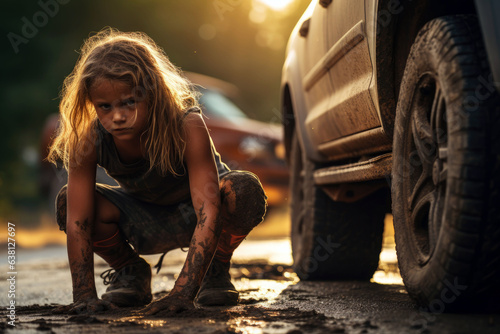 Caucasian stepfather teaching stepdaughter to change a tire, she shows how she can repair it.